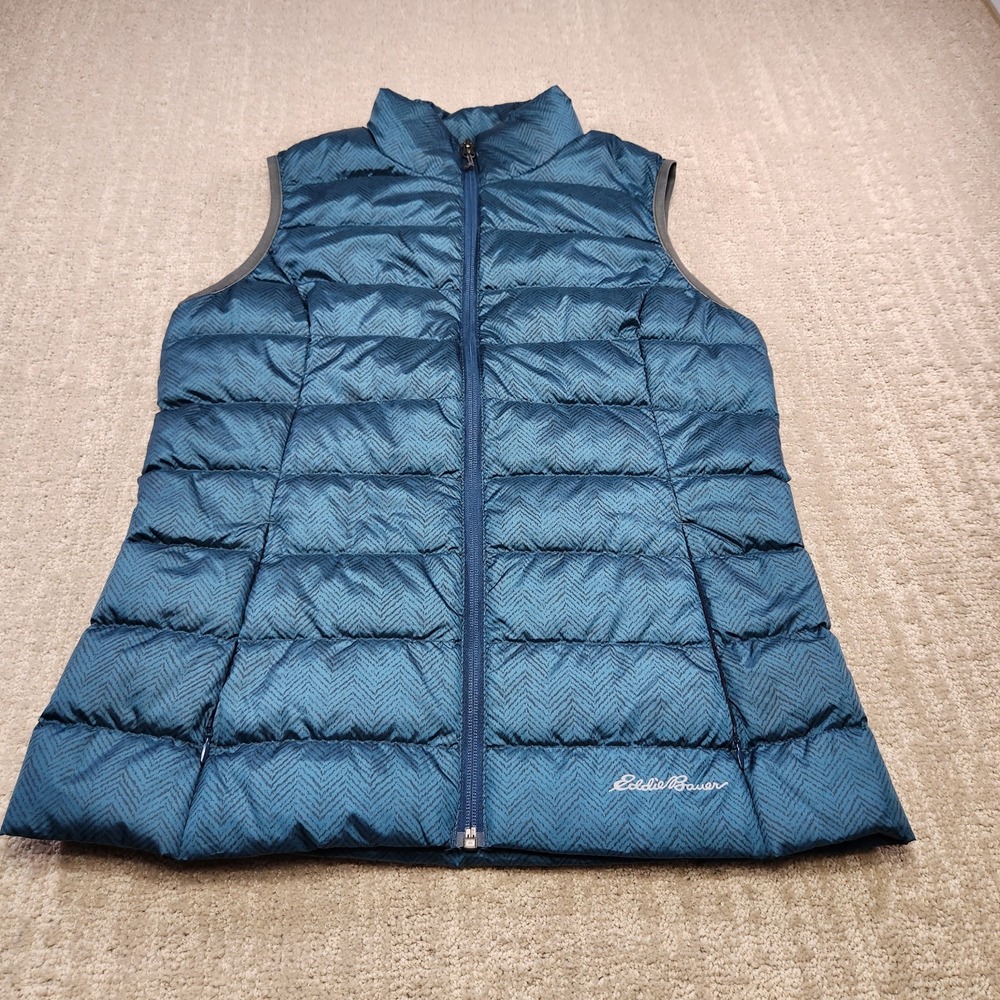 Eddie Bauer Puffer Vest Women Small Goose Down EB650 Green Herringbone Gorpcore